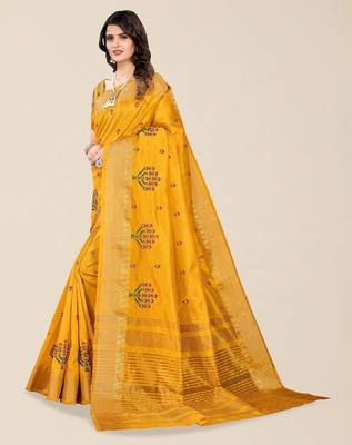 yellow ethnic motifs embroidered silk cotton banarasi saree 3