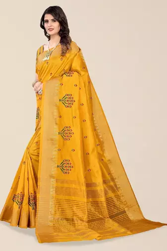 yellow ethnic motifs embroidered silk cotton banarasi saree