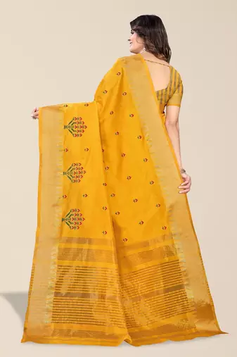 yellow ethnic motifs embroidered silk cotton banarasi saree