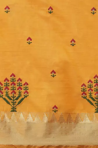 yellow ethnic motifs embroidered silk cotton banarasi saree