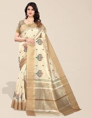 cream ethnic motifs embroidered silk cotton banarasi saree 1