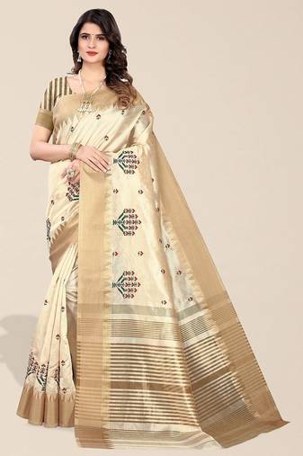 cream ethnic motifs embroidered silk cotton banarasi saree