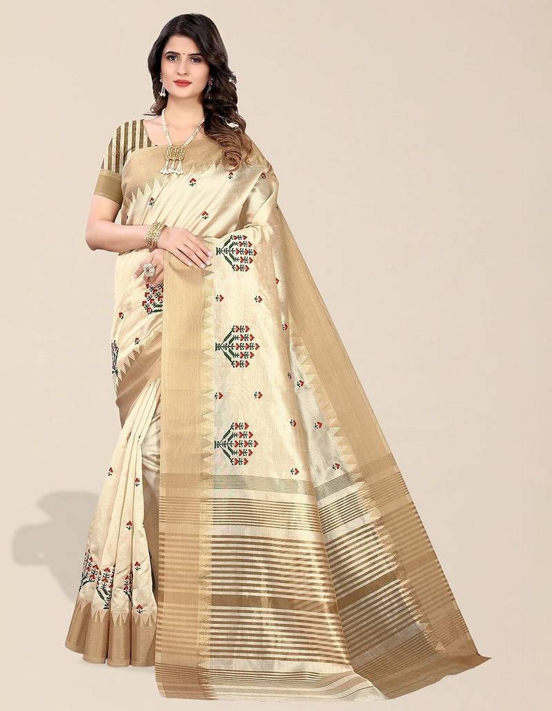 cream ethnic motifs embroidered silk cotton banarasi saree