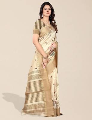 cream ethnic motifs embroidered silk cotton banarasi saree 2