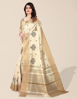 cream ethnic motifs embroidered silk cotton banarasi saree 3