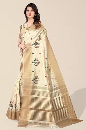 cream ethnic motifs embroidered silk cotton banarasi saree