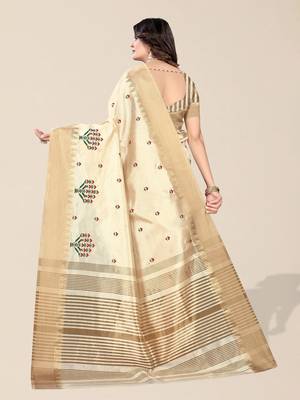 cream ethnic motifs embroidered silk cotton banarasi saree 4