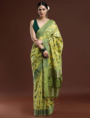 green floral woven design cotton saree with blouse 1