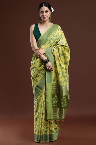 green floral woven design cotton saree with blouse