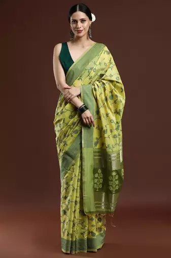 green floral woven design cotton saree with blouse