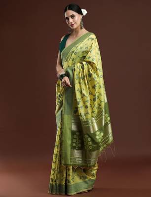 green floral woven design cotton saree with blouse 2