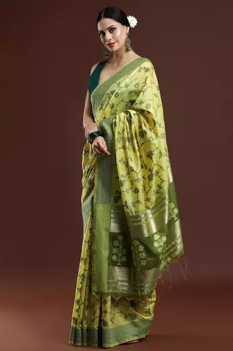 green floral woven design cotton saree with blouse