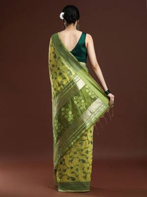 green floral woven design cotton saree with blouse 3