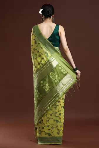 green floral woven design cotton saree with blouse