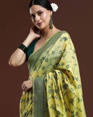 green floral woven design cotton saree with blouse 4