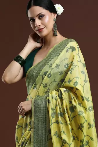 green floral woven design cotton saree with blouse