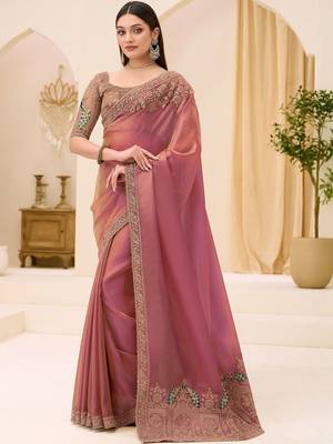 pink rose gold satin ethnic embellished festive wear matching blouse sarees 1