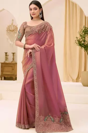 pink rose gold satin ethnic embellished festive wear matching blouse sarees