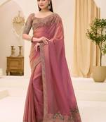 pink rose gold satin ethnic embellished festive wear matching blouse sarees
