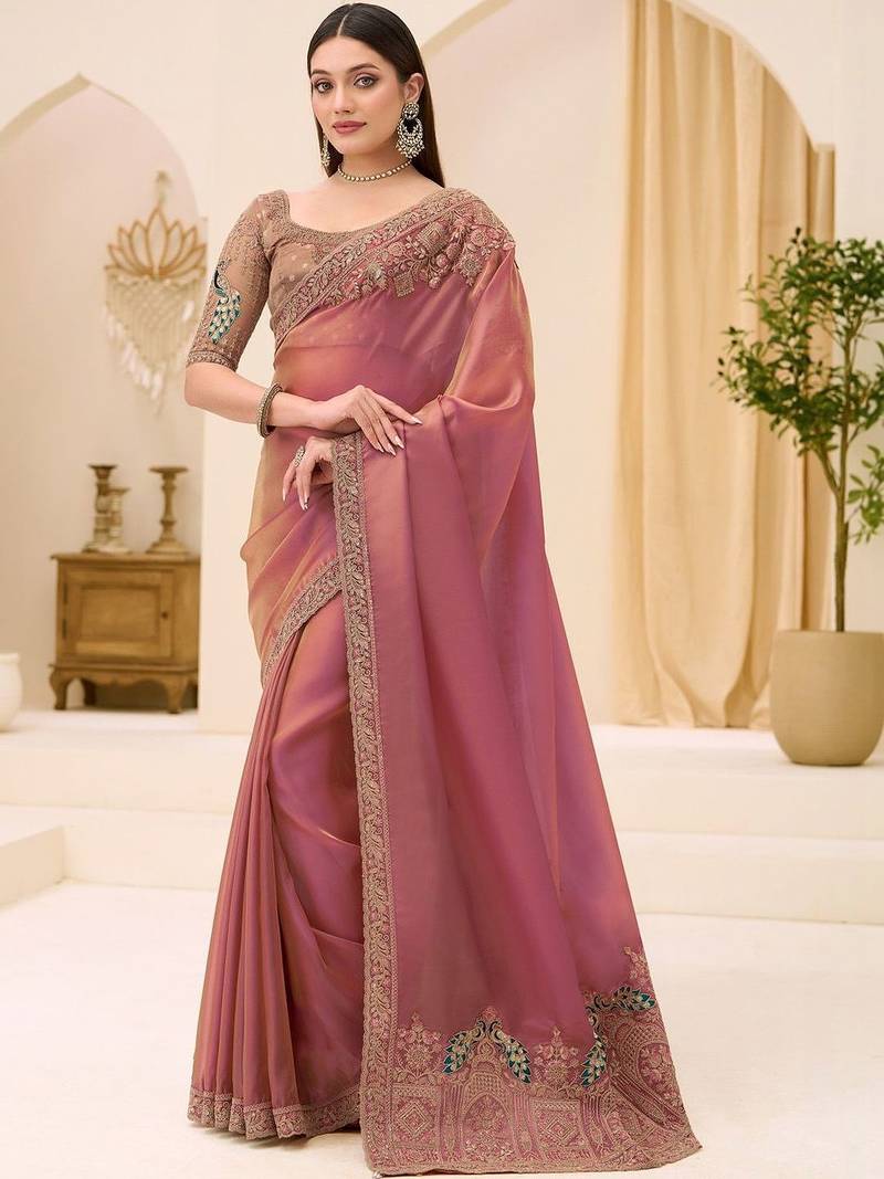 pink rose gold satin ethnic embellished festive wear matching blouse sarees