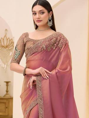 pink rose gold satin ethnic embellished festive wear matching blouse sarees 2