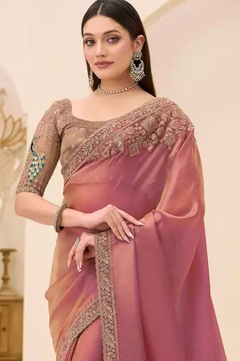 pink rose gold satin ethnic embellished festive wear matching blouse sarees
