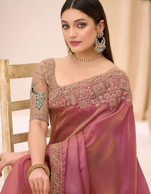 pink rose gold satin ethnic embellished festive wear matching blouse sarees 3