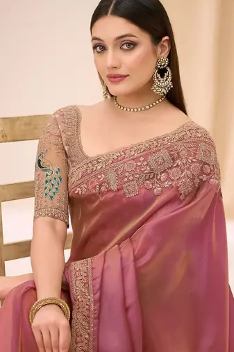 pink rose gold satin ethnic embellished festive wear matching blouse sarees