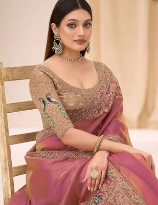 pink rose gold satin ethnic embellished festive wear matching blouse sarees 4