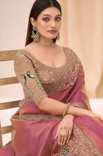 pink rose gold satin ethnic embellished festive wear matching blouse sarees