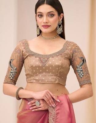 pink rose gold satin ethnic embellished festive wear matching blouse sarees 5