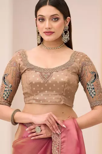 pink rose gold satin ethnic embellished festive wear matching blouse sarees