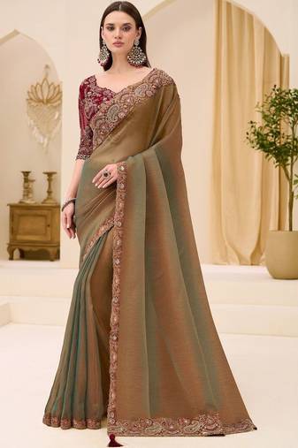 multicolor green tissue ethnic embellished festive wear matching blouse sarees