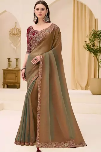 multicolor green tissue ethnic embellished festive wear matching blouse sarees