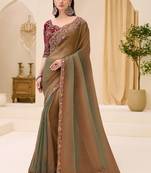 multicolor green tissue ethnic embellished festive wear matching blouse sarees