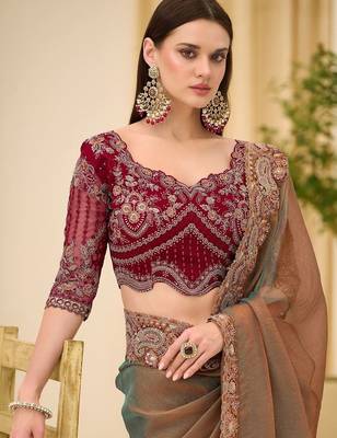 multicolor green tissue ethnic embellished festive wear matching blouse sarees 2