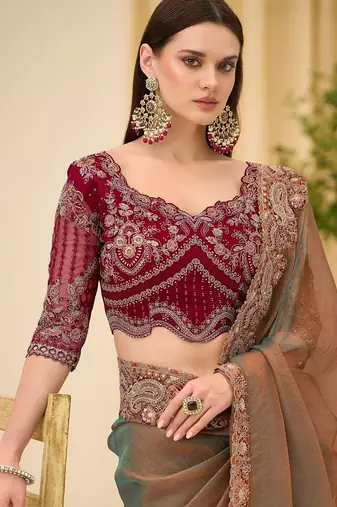 multicolor green tissue ethnic embellished festive wear matching blouse sarees