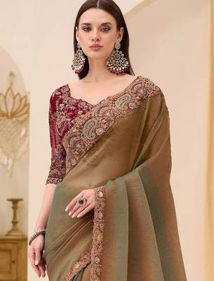 multicolor green tissue ethnic embellished festive wear matching blouse sarees 3