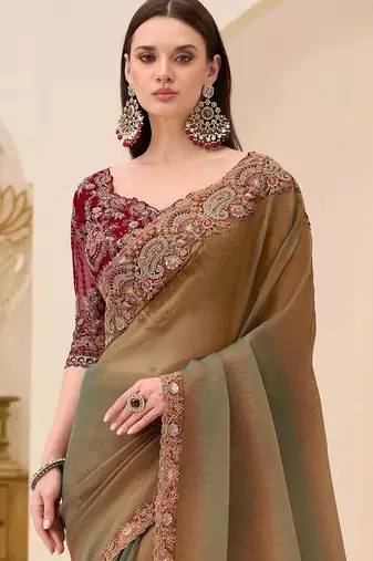 multicolor green tissue ethnic embellished festive wear matching blouse sarees