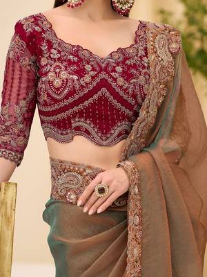 multicolor green tissue ethnic embellished festive wear matching blouse sarees 4