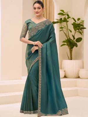 teal teal green tissue ethnic embellished festive wear matching blouse sarees 1