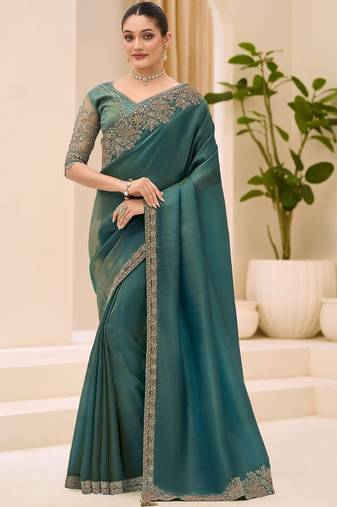 teal teal green tissue ethnic embellished festive wear matching blouse sarees