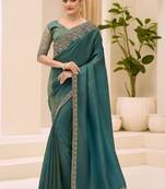 teal teal green tissue ethnic embellished festive wear matching blouse sarees