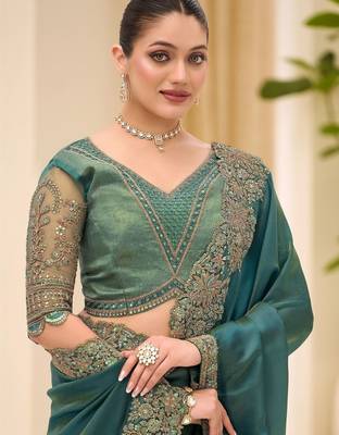 teal teal green tissue ethnic embellished festive wear matching blouse sarees 2