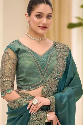 teal teal green tissue ethnic embellished festive wear matching blouse sarees