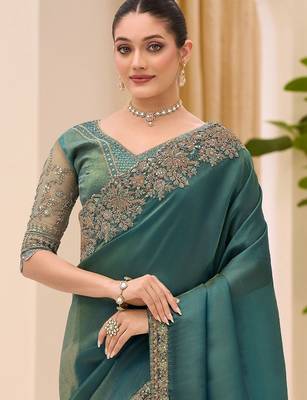 teal teal green tissue ethnic embellished festive wear matching blouse sarees 3