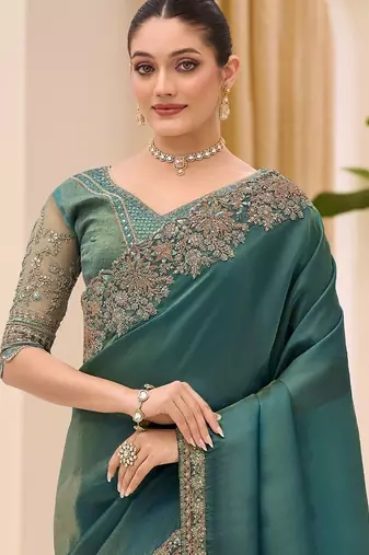 teal teal green tissue ethnic embellished festive wear matching blouse sarees