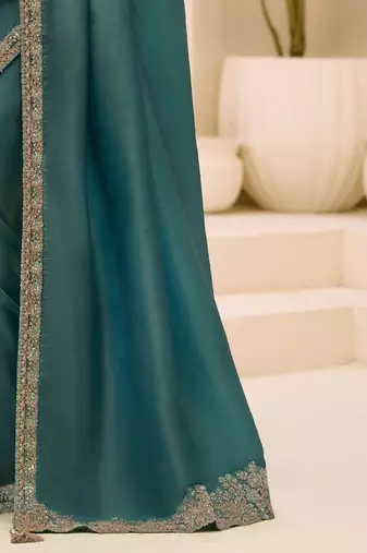 teal teal green tissue ethnic embellished festive wear matching blouse sarees