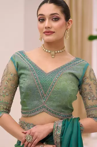 teal teal green tissue ethnic embellished festive wear matching blouse sarees