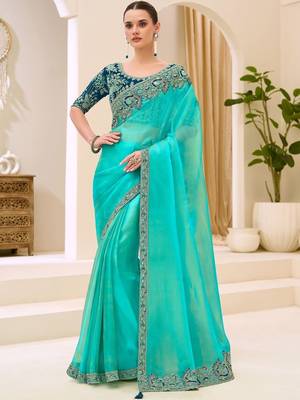 turquoise turquoise tissue ethnic embellished festive wear matching blouse sarees 1